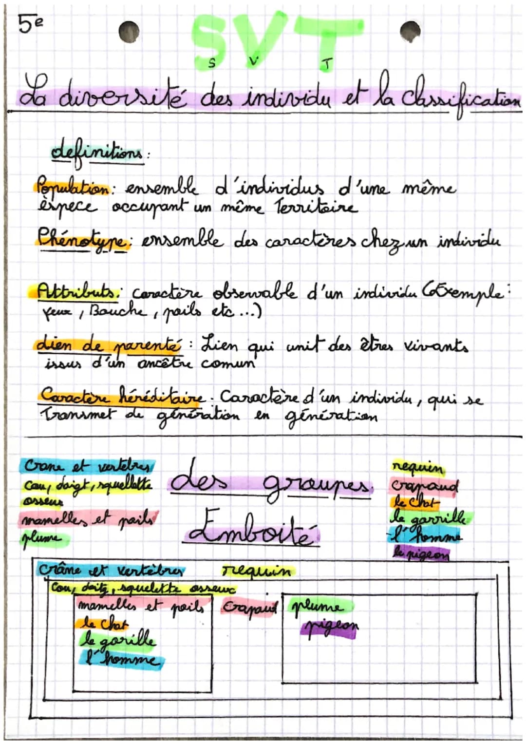 • SVT
La diversité des individu et la classification
5e
definitions:
Population: ensemble d'individus d'une même
espece occupant un même ter