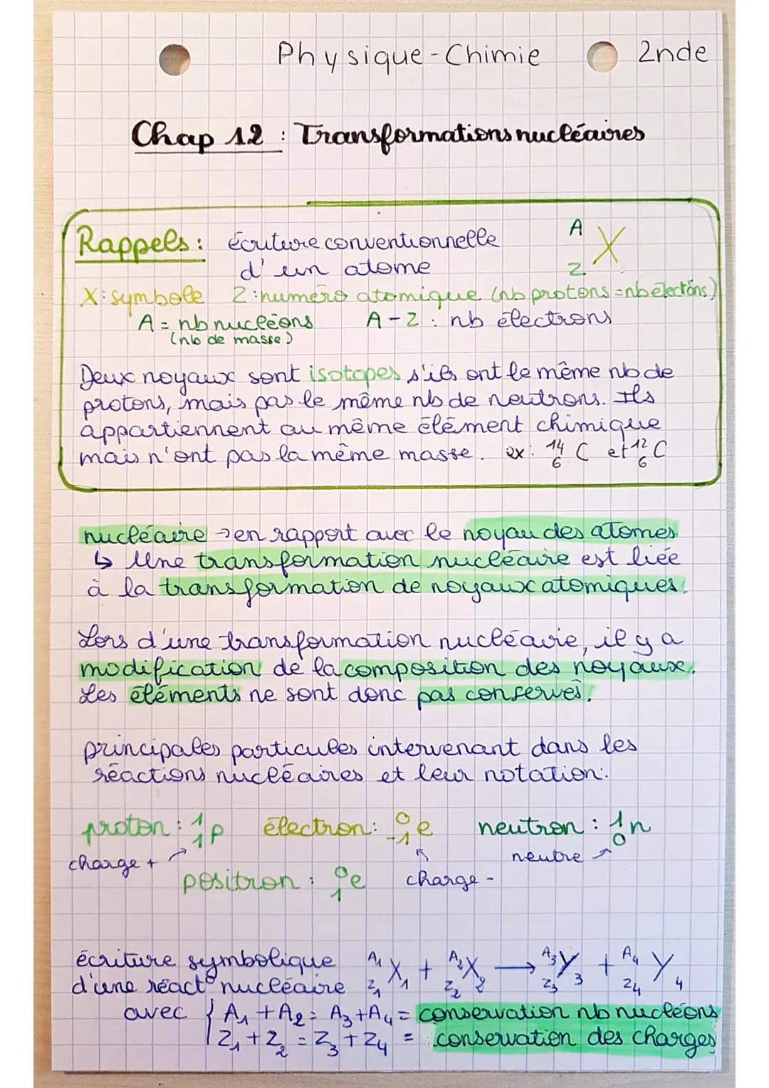 Physique-Chimie
Chap 12 Transformations nucléaires
Rappels: écriture conventionnelle
d'en atome
X: symbole
!
A = nb nucleons
(nb de masse)
2