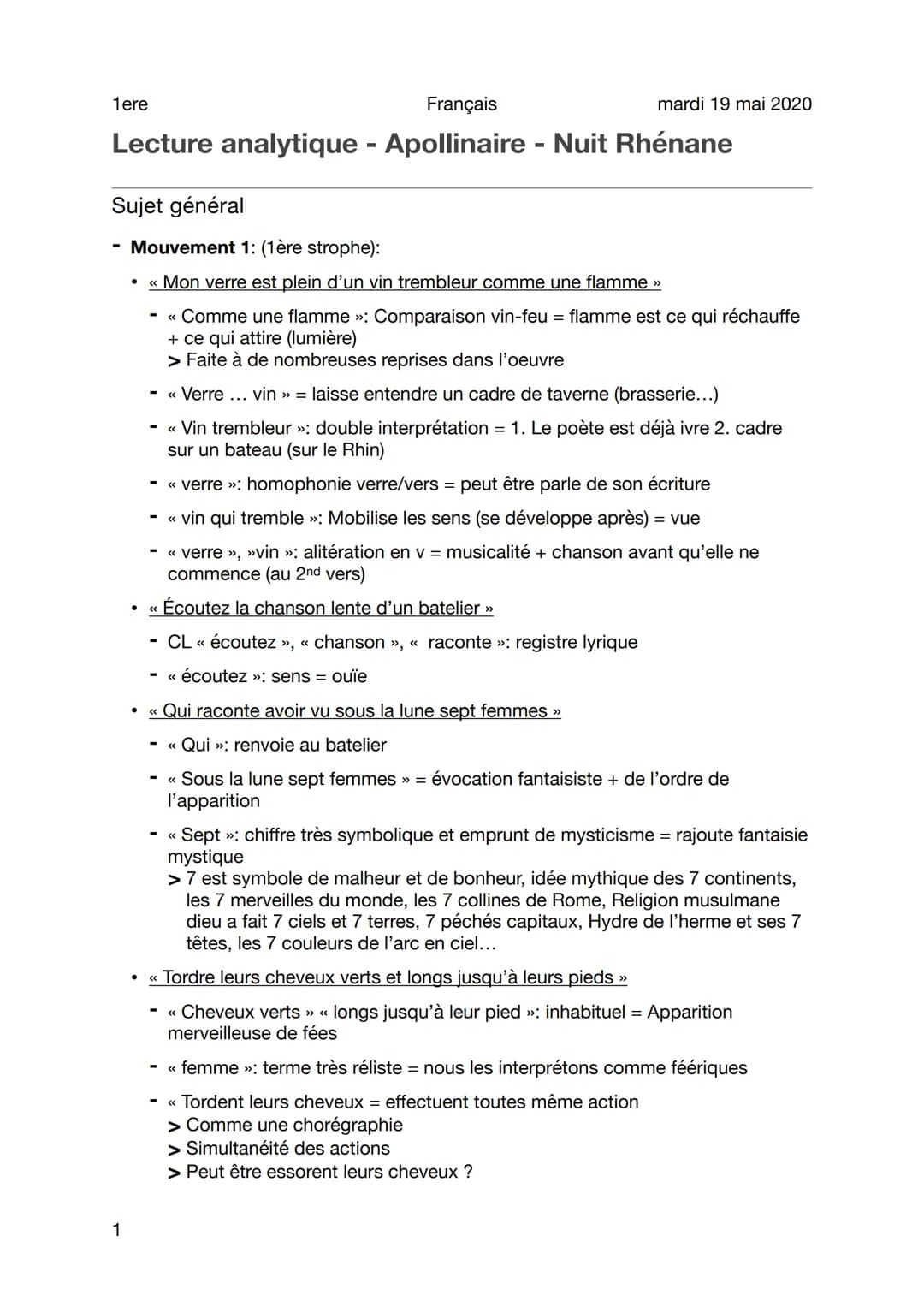 1ere
Français
Lecture analytique - Apollinaire - Nuit Rhénane
Sujet général
Mouvement 1: (1ère strophe):
<< Mon verre est plein d'un vin tre