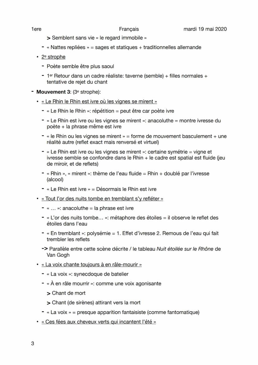 1ere
Français
Lecture analytique - Apollinaire - Nuit Rhénane
Sujet général
Mouvement 1: (1ère strophe):
<< Mon verre est plein d'un vin tre