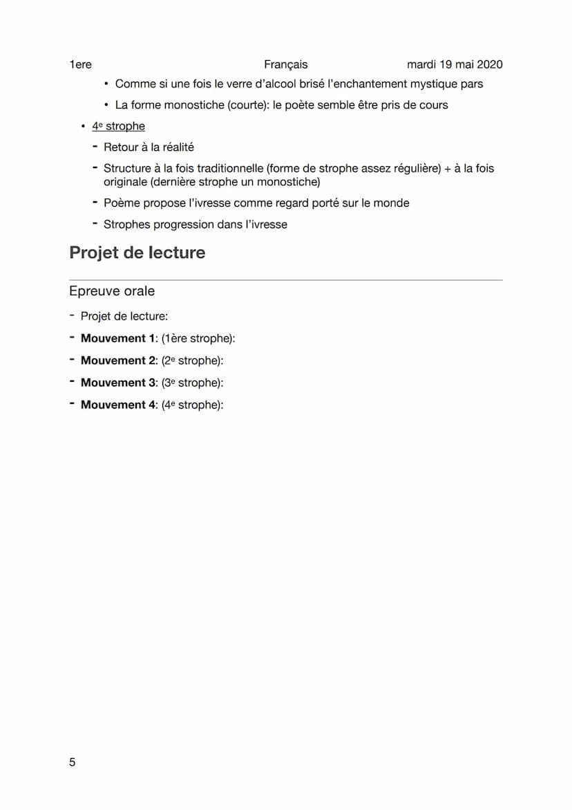 1ere
Français
Lecture analytique - Apollinaire - Nuit Rhénane
Sujet général
Mouvement 1: (1ère strophe):
<< Mon verre est plein d'un vin tre