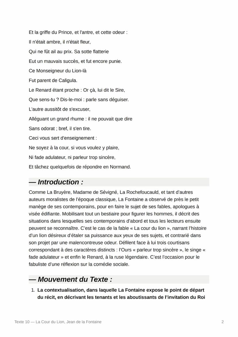 Texte 10 - La Cour du Lion,
Jean de la Fontaine
Texte :
Sa Majesté Lionne un jour voulut connaître
De quelles nations le Ciel l'avait fait m