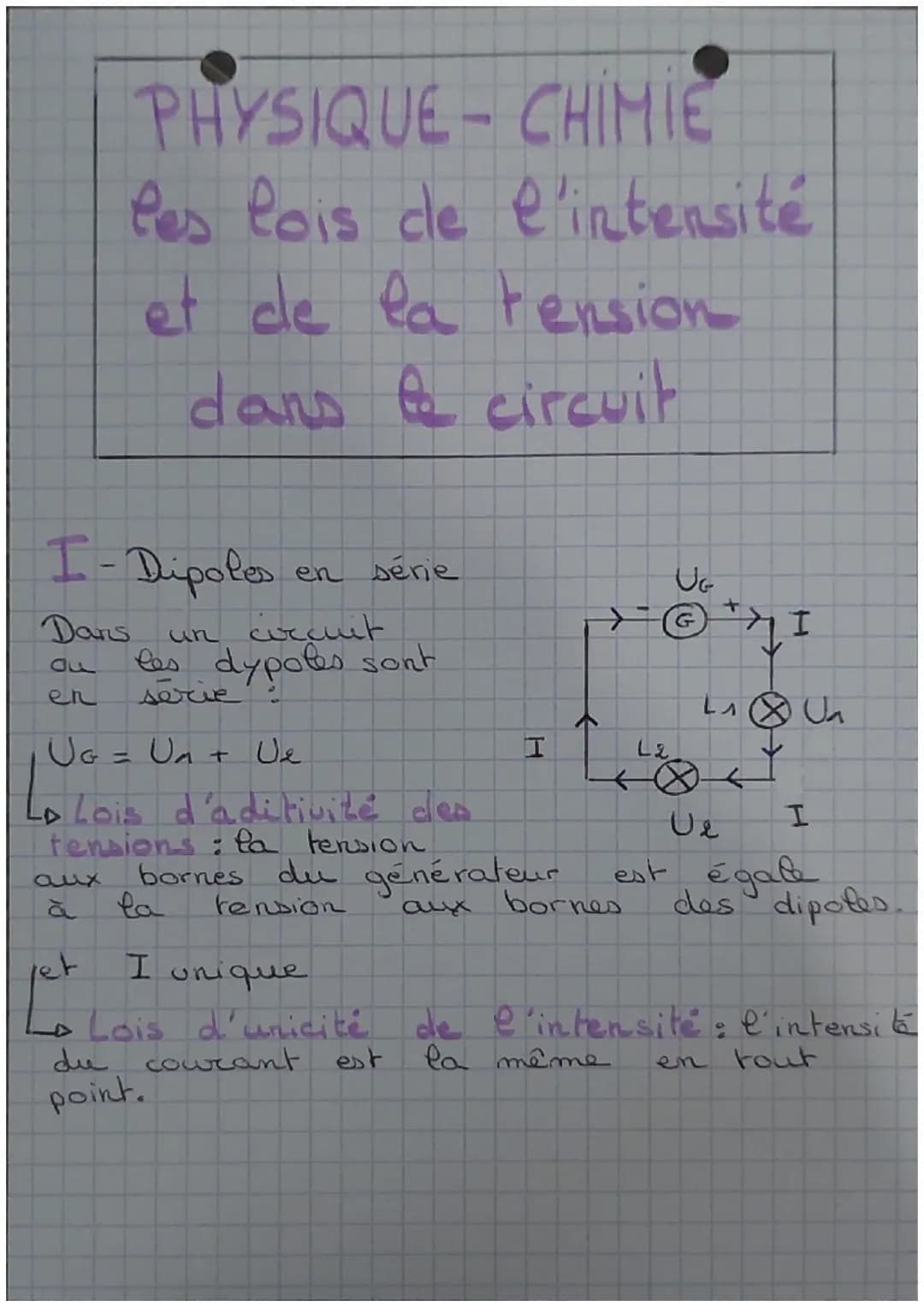 PHYSIQUE-CHIMIE
les lois de l'intensité
et de la tension
dans le circuit
I-Dipoles
en série
un circuit
les dypoles sont
série
Dans
Au
en
aux