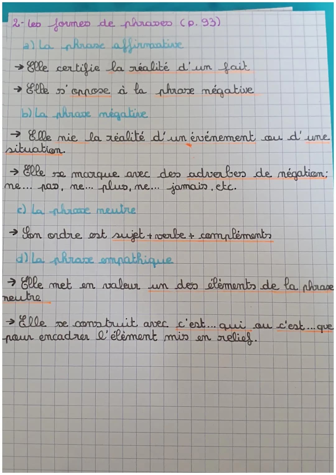 LES
français
TYPES
ET
DE
LES
PHRASES
1- bes types de phrases (p.92)
a) la phrape déclarative
∞
FORMES
→ Elle permet d'énoncer, d'affirmer ou