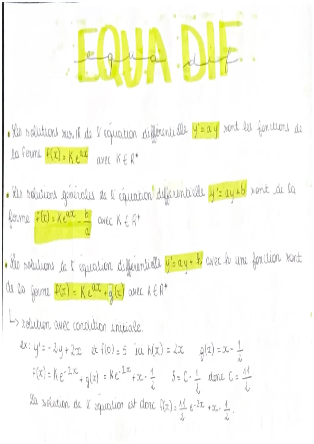 EQUA DIE
• His solutions sur if de l'equation differentialle y = a y sont les fonctions de
la ferme F(x) = Keaz avec KER*
His solutions gene