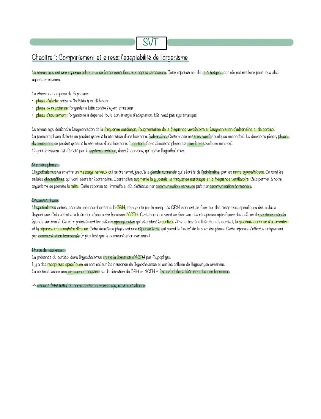 Comportement et stress SVT Terminale : Adaptabilité de l'organisme et Schéma de Stress Aigu