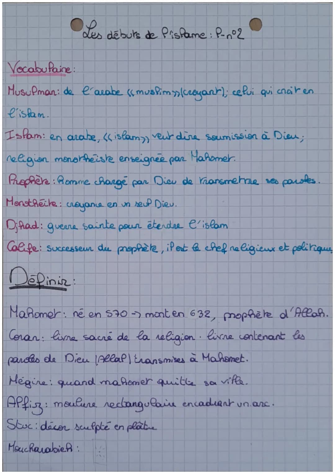 Les débuts de Pisfame: P-n°2
Vocabu Paine:
Musulman: de l'arabe ( muslim))(croyant); celui qui croit en
listan.
Islam: en arabe, << islam), 
