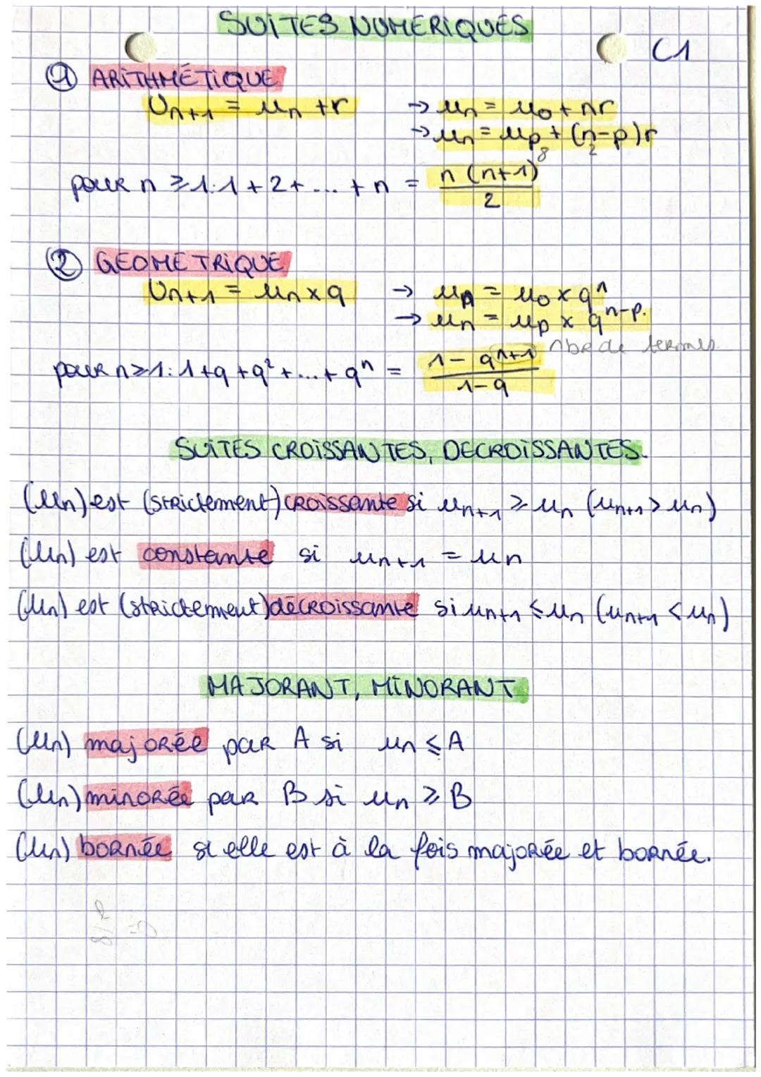 SUITES NUMERIQUES
ARITHMETIQUE
UAH = un tr
24 = Motar
-> un = up + (n-p)r
pour n 21:1 + 2 + ... + n = n (n+1)
2
18
2 GEOMETRIQUE
Un+1 = un x
