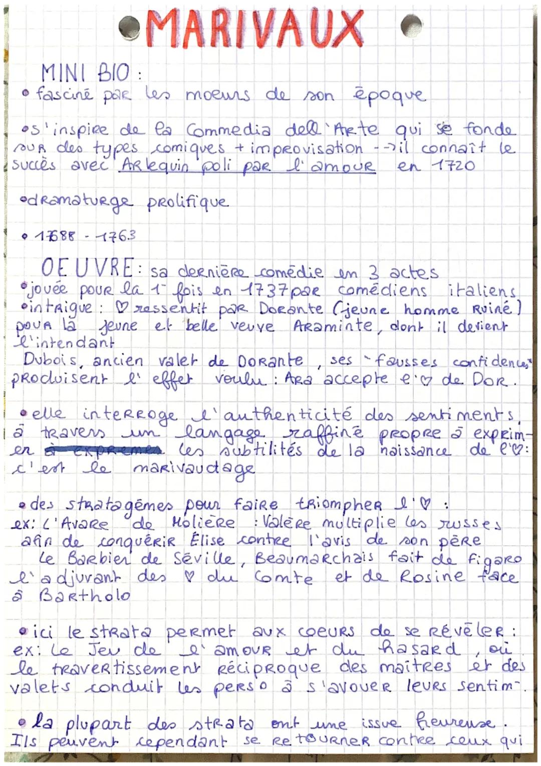 # MARIVAUX

MINI BIO:
*   fasciné par les moeurs de son époque

os'inspire de la Commedia dell 'Arte qui se fonde
sur des types comiques + i