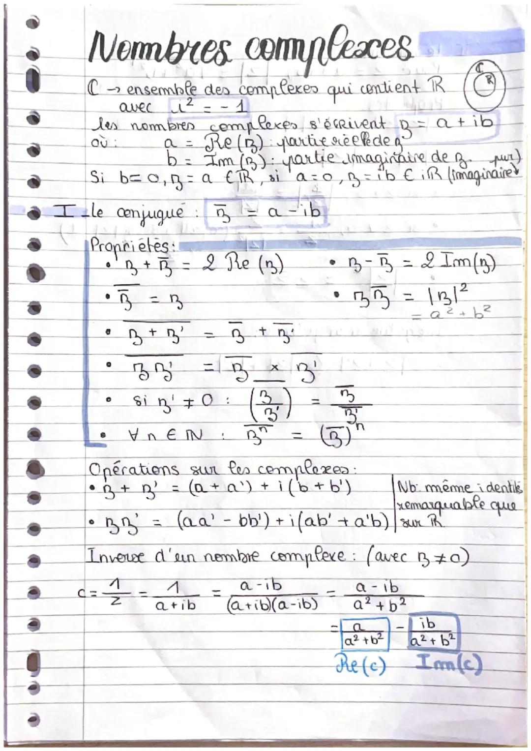 Nombres complexes
Censemble des complexes.
avec ² = -
contient RR.
qui
- 1
les nombres complexes s'écrivent 3= =a + ib
OU:
a = Re (B) partie