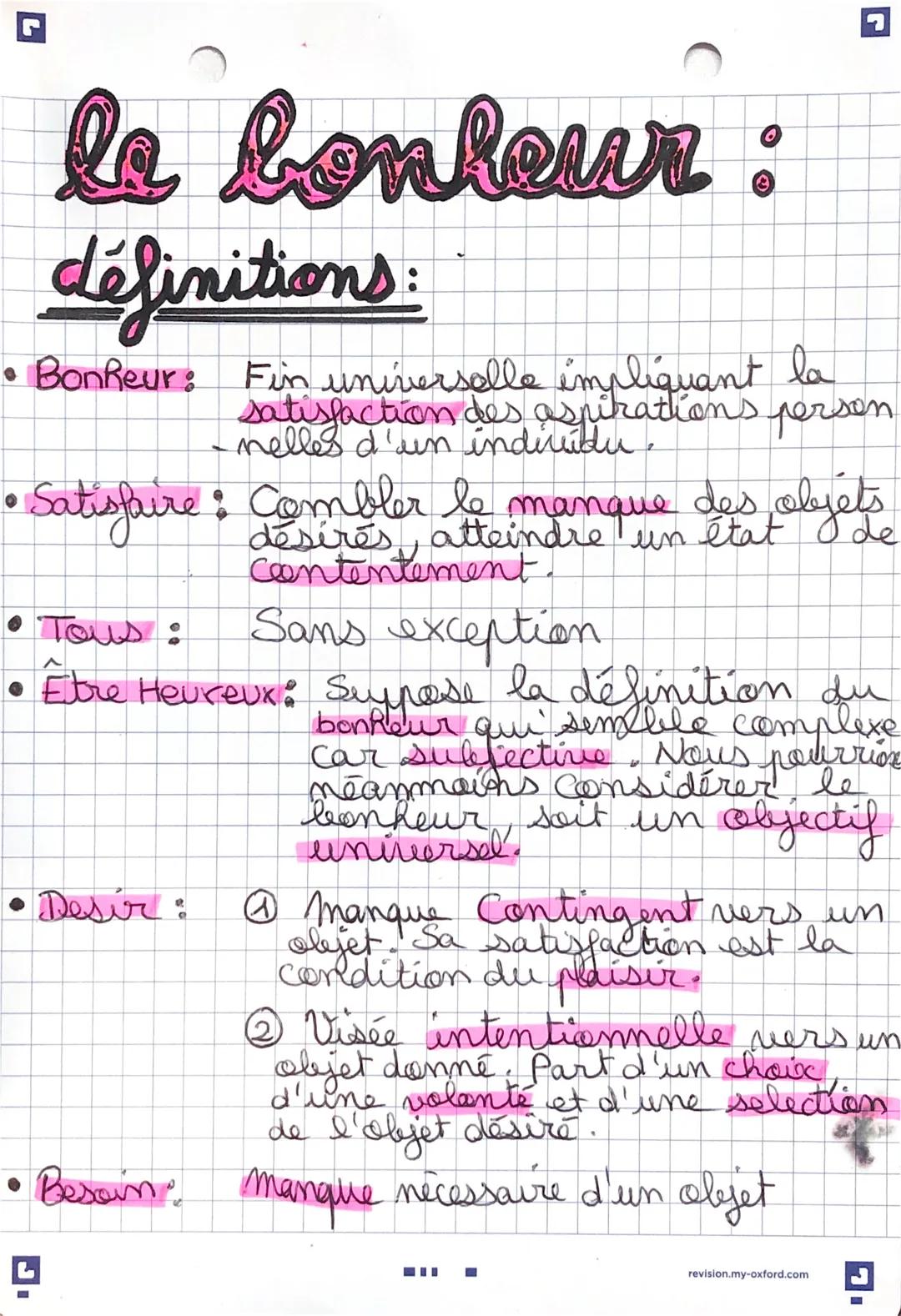 # le bonleur :

définitions:

*   Bonheur: Fin universelle impliquant la
satisfaction des aspirations person
    - nelles d'un individu
*   