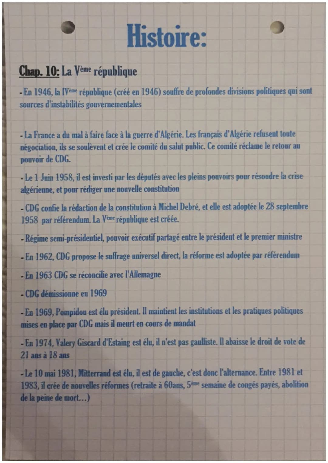 Histoire:
Chap. 10: La Vème république
-En 1946, la IVème république (créé en 1946) souffre de profondes divisions politiques qui sont
sourc