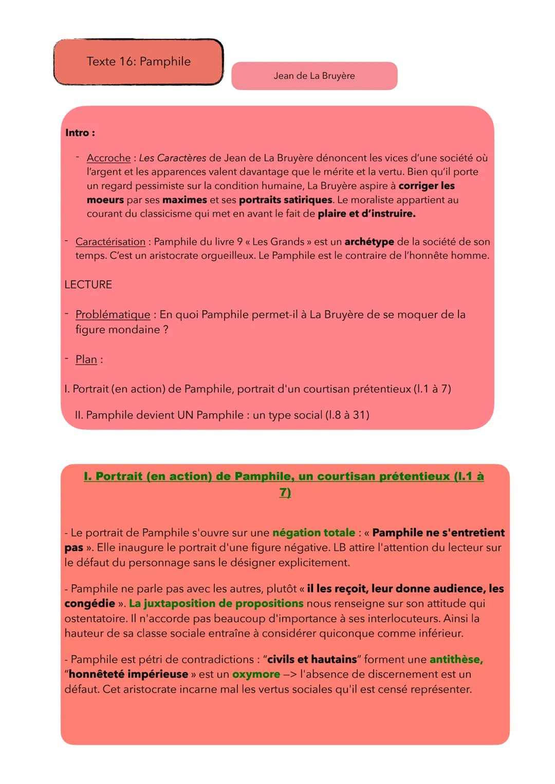 Texte 16: Pamphile
Intro :
Accroche : Les Caractères de Jean de La Bruyère dénoncent les vices d'une société où
l'argent et les apparences v