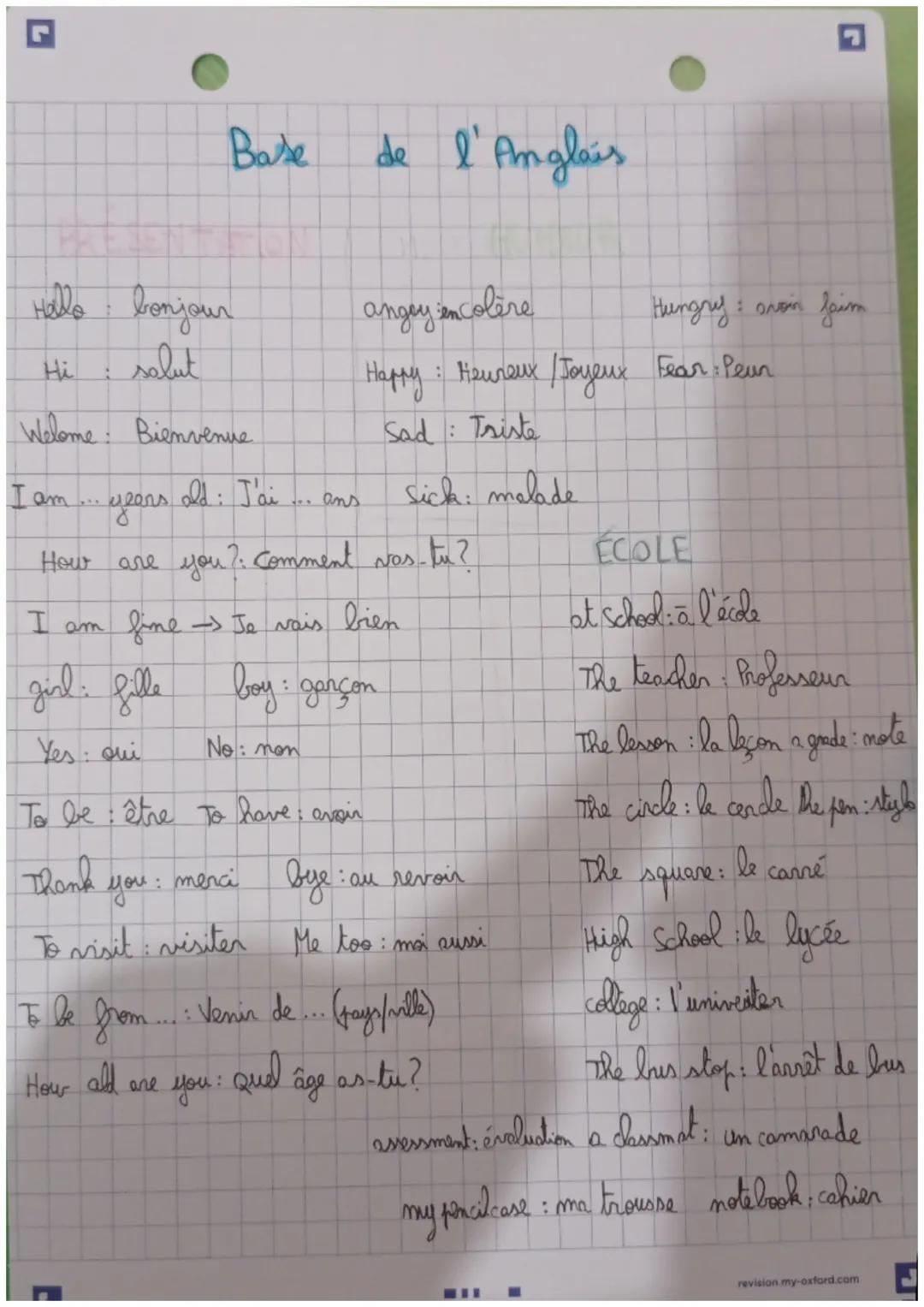 Base
de l'Anglais
2
Hi
Hello bonjour
solut
angey in colère
Hungry ovoin faim
Happy: Heureux/Joyeux Fear: Peun
Welome: Bienvenue
Sad: Triste
