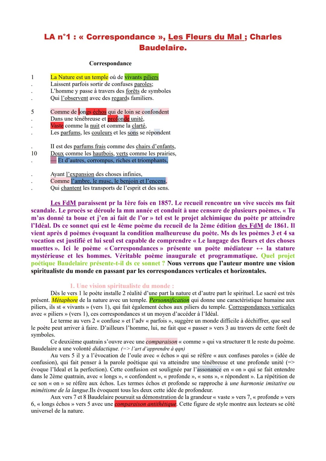 1
5
10
LA n°1 : << Correspondance », Les Fleurs du Mal; Charles
Baudelaire.
Correspondance
La Nature est un temple où de vivants piliers
Lai