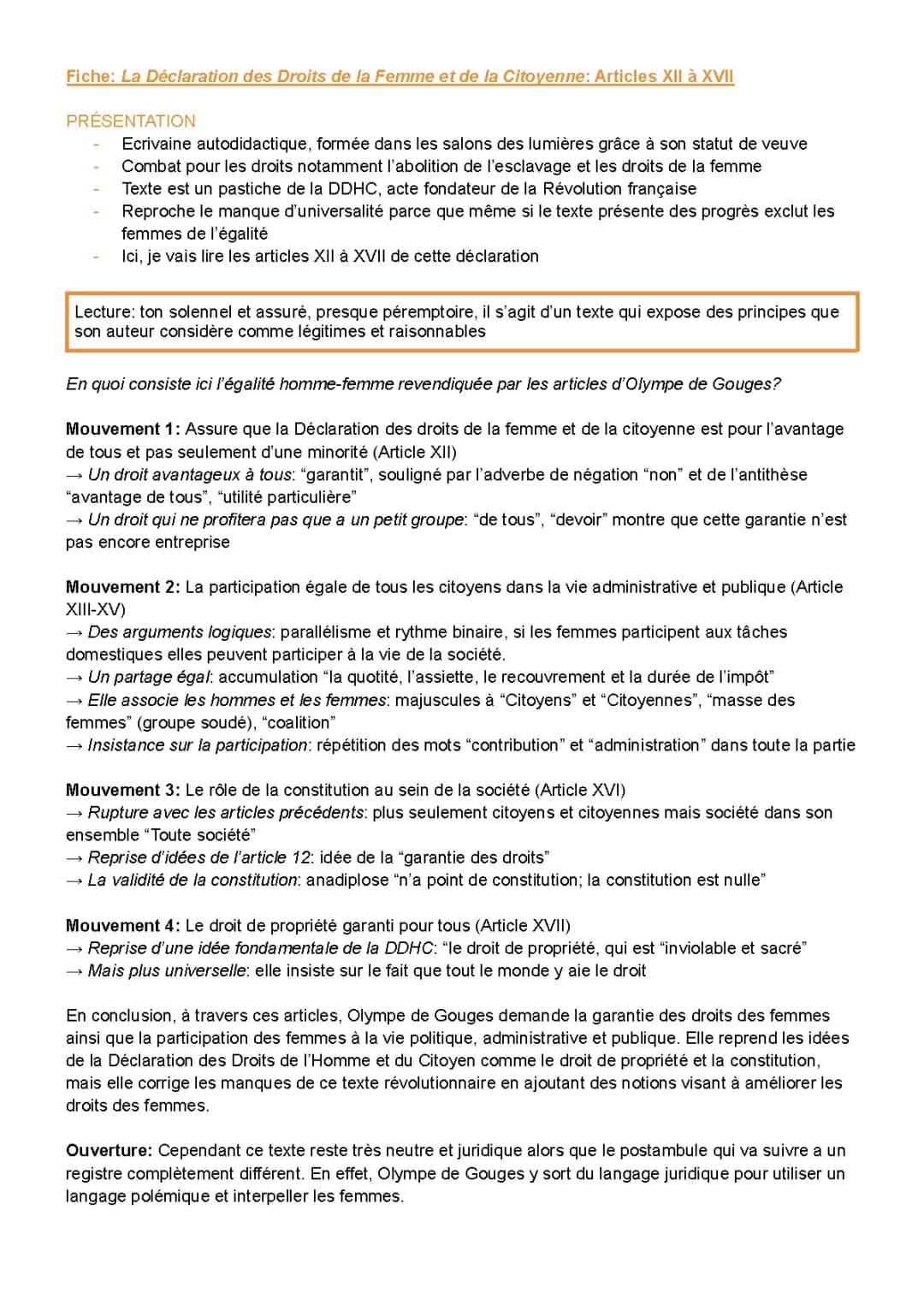 Fiche de Lecture Déclaration des Droits de la Femme et de la Citoyenne PDF : Articles 12 à 17 Explications Simple