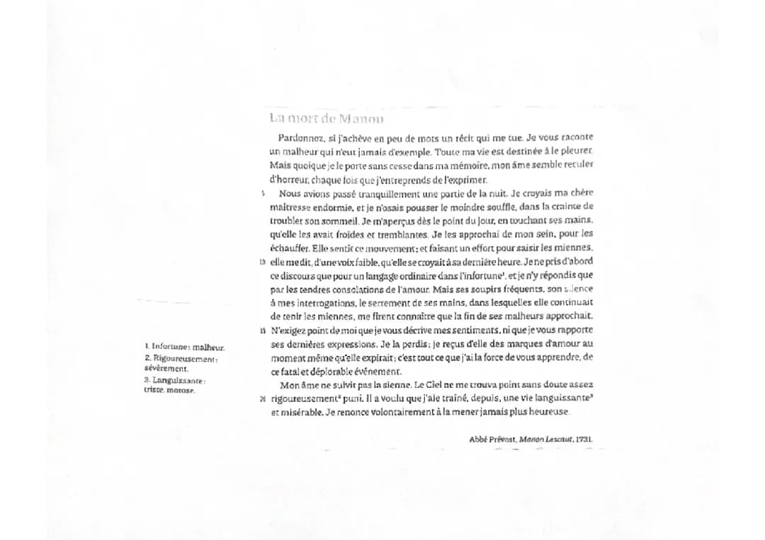 Analyse linéaire La mort de Manon de l’abbé Prévost 