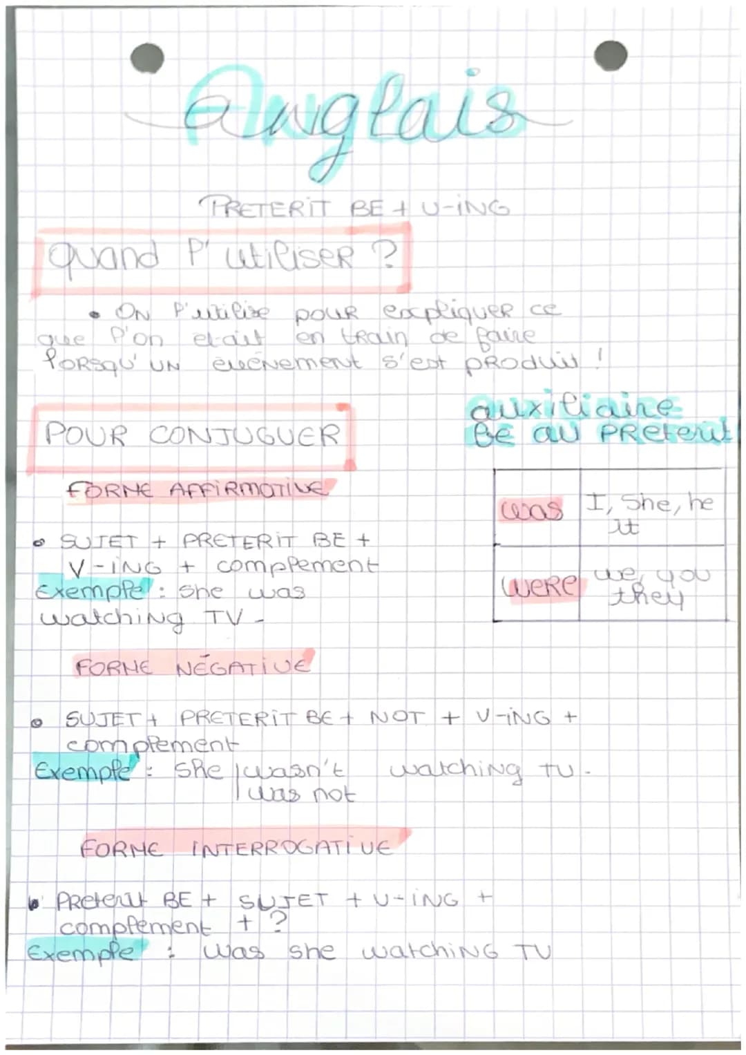 Auglais
PRETERIT BE + U-ING
Quand Putiliser
ON P'utilise pour expliquer ce
en train de faire
evenement s'est produit !
Que
P'on etait
PORSQU