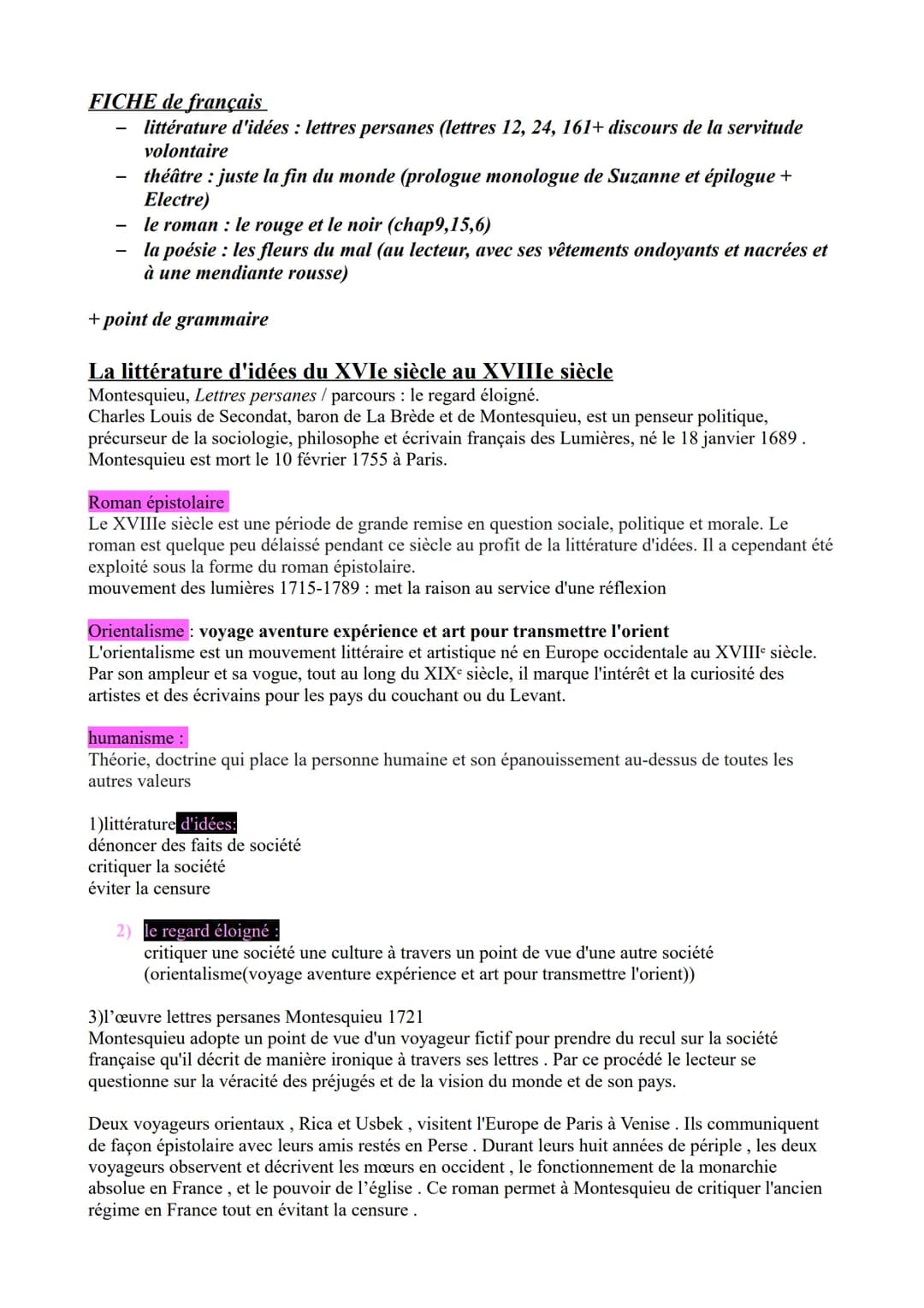 FICHE de français
littérature d'idées : lettres persanes (lettres 12, 24, 161+ discours de la servitude
volontaire
théâtre : juste la fin du