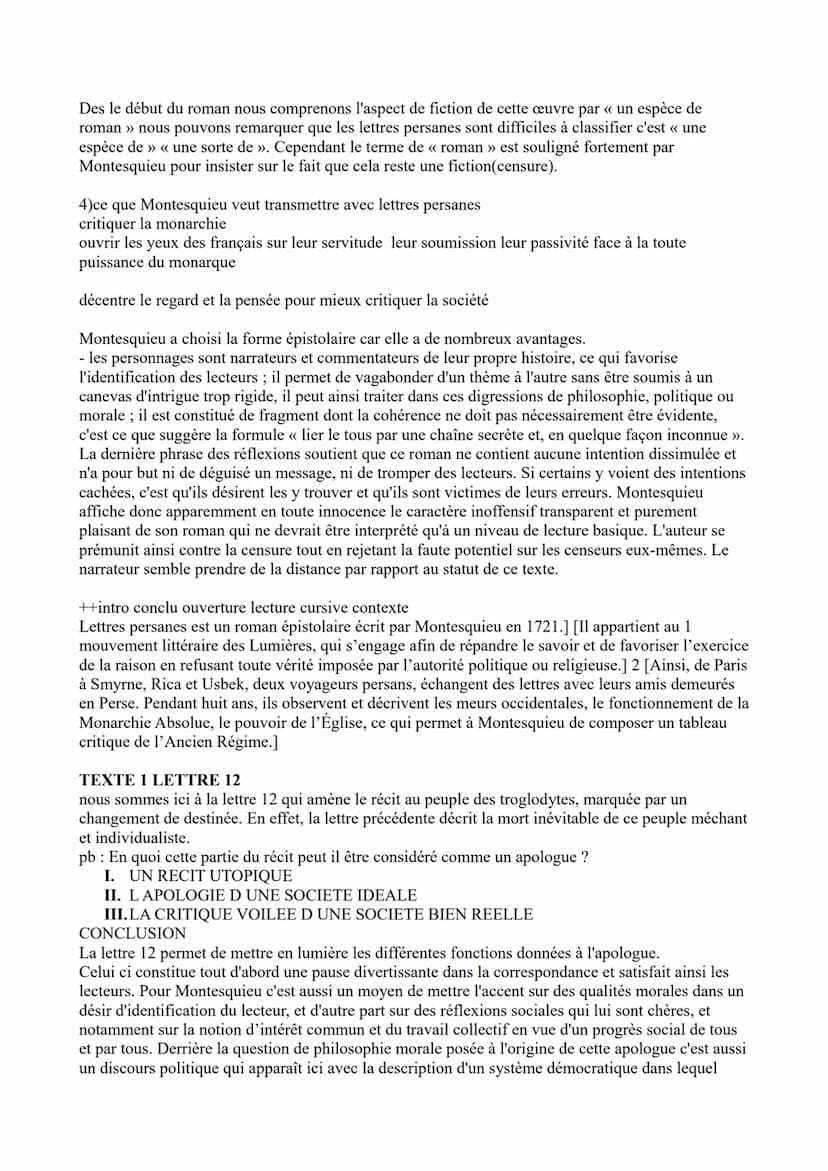 FICHE de français
littérature d'idées : lettres persanes (lettres 12, 24, 161+ discours de la servitude
volontaire
théâtre : juste la fin du