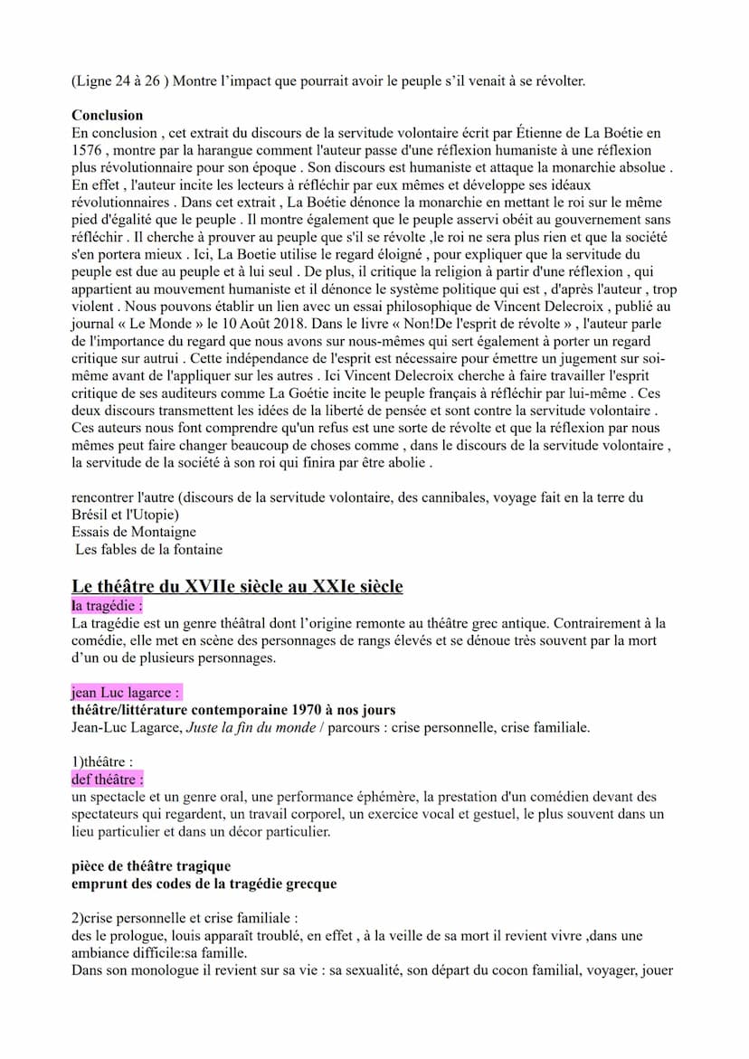 FICHE de français
littérature d'idées : lettres persanes (lettres 12, 24, 161+ discours de la servitude
volontaire
théâtre : juste la fin du