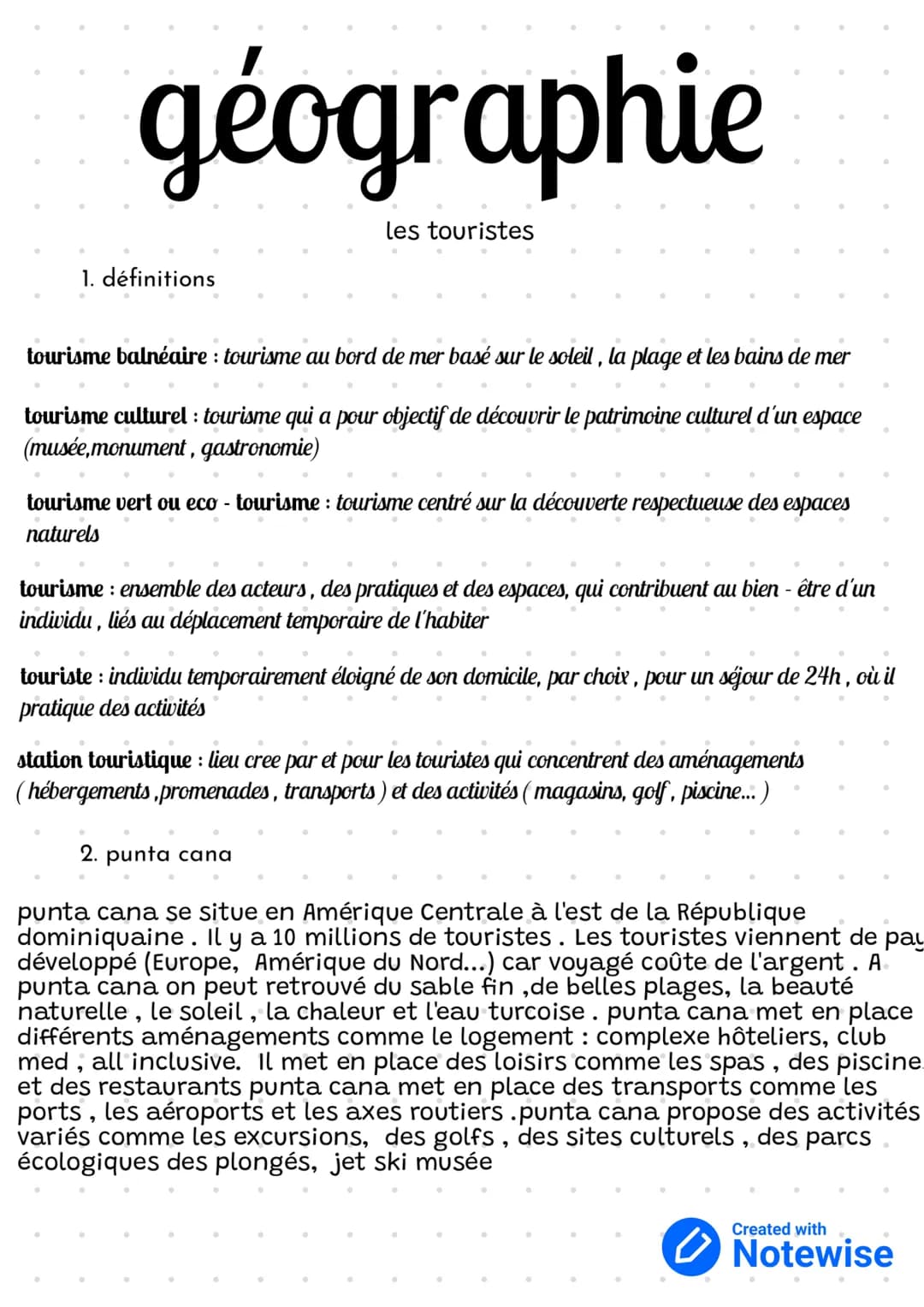 géographie
les touristes
1. définitions
tourisme balnéaire : tourisme au bord de mer basé sur le soleil, la plage et les bains de mer
touris
