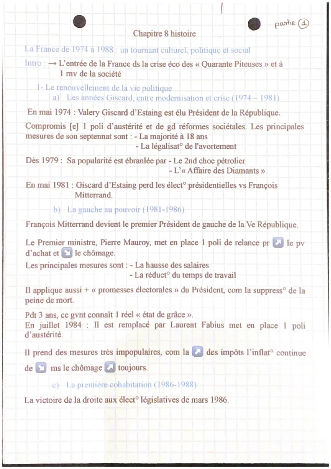 Chapitre 8 histoire
La France de 1974 à 1988: un tournant culturel, politique et social
Intro :→→ L'entrée de la France ds la crise éco des 