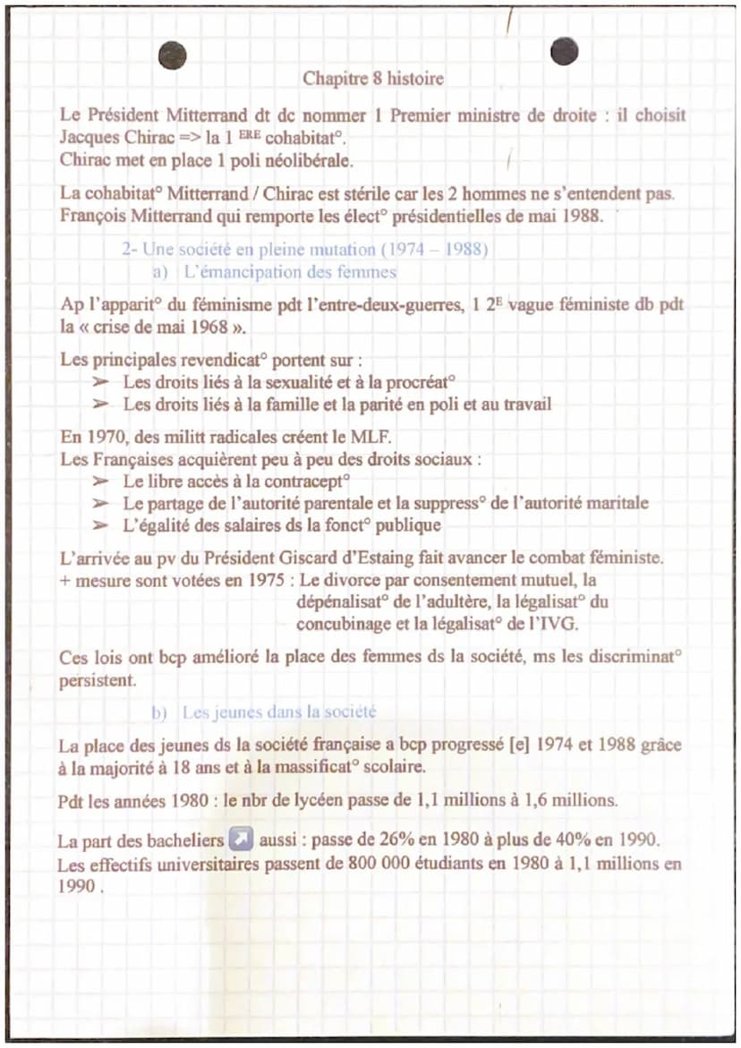 Chapitre 8 histoire
La France de 1974 à 1988: un tournant culturel, politique et social
Intro :→→ L'entrée de la France ds la crise éco des 