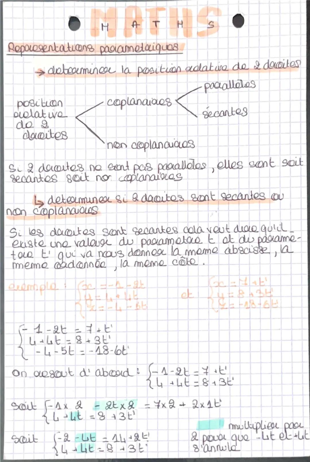 --- OCR Start ---
H
ATHS
Representations paramétriques :
→ donner une représentation paramétrique
d'une droite parallèle à une autre et pass