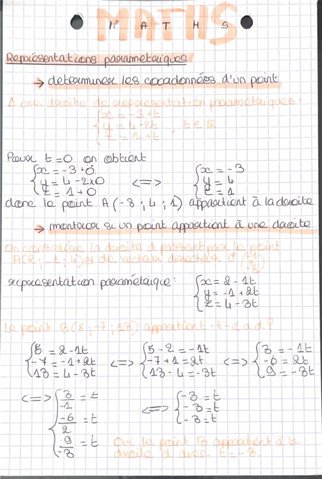 --- OCR Start ---
H
ATHS
Representations paramétriques :
→ donner une représentation paramétrique
d'une droite parallèle à une autre et pass