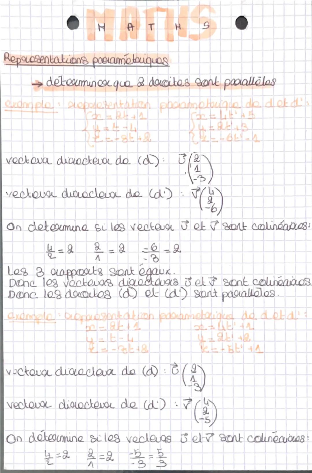 --- OCR Start ---
H
ATHS
Representations paramétriques :
→ donner une représentation paramétrique
d'une droite parallèle à une autre et pass