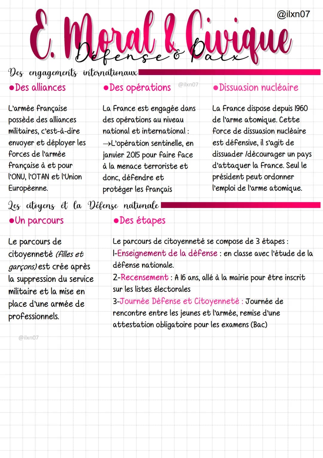 E. Moral & Civique
fense
L'organisation de la défense nationale
Armée de terre
→122 000 militaires et 14 000 civils
@ilxn07
Les armées appli