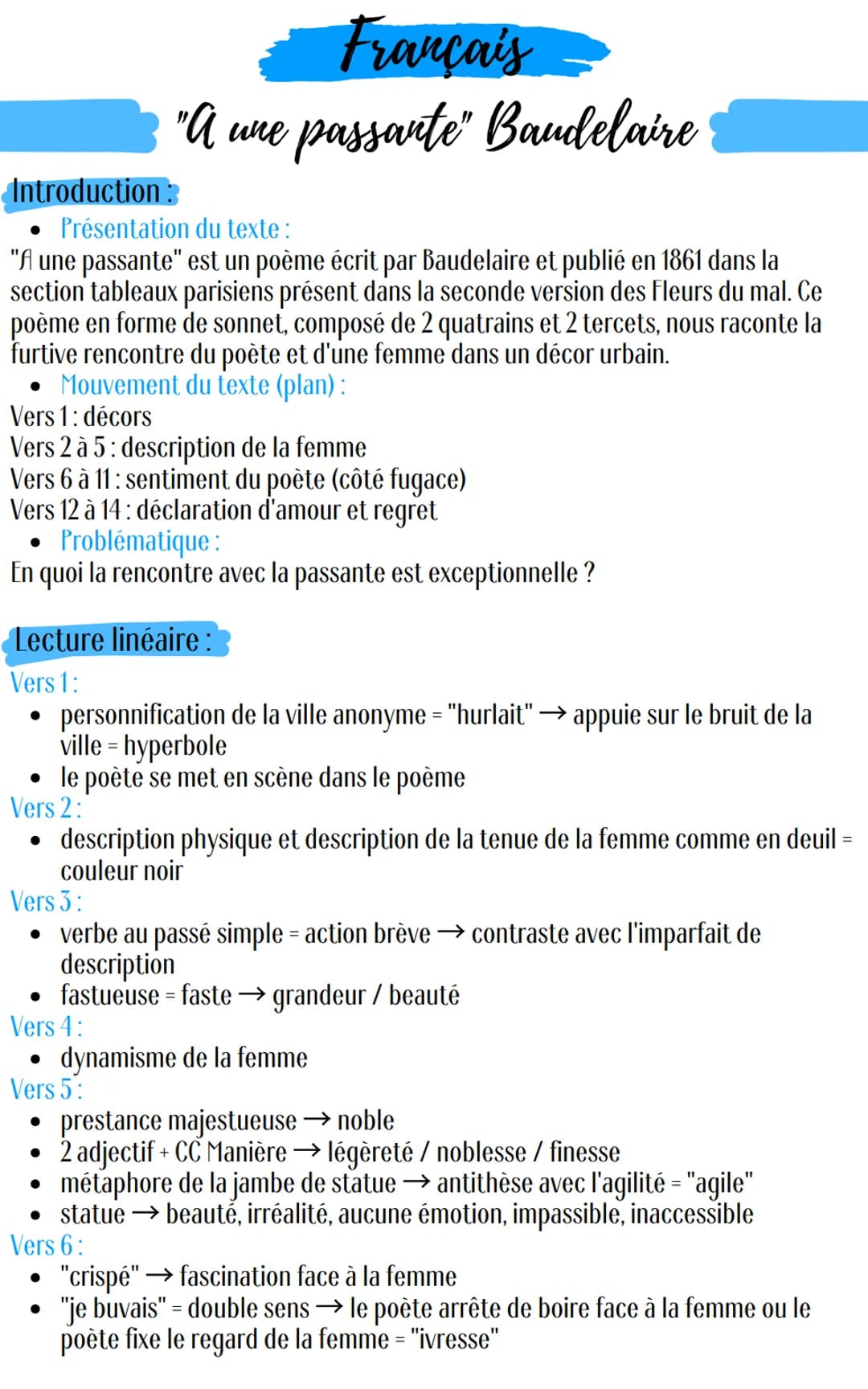 Français
"A ure passante" Baudelaire
Introduction:
Présentation du texte :
"A une passante" est un poème écrit par Baudelaire et publié en 1