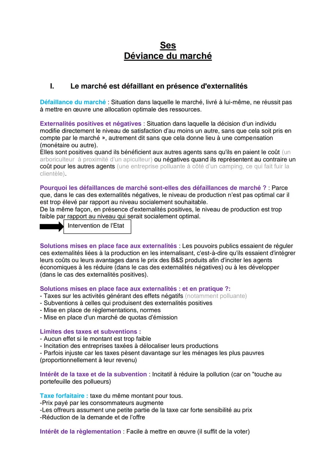 Ses
Déviance du marché
I. Le marché est défaillant en présence d'externalités
Défaillance du marché : Situation dans laquelle le marché, liv