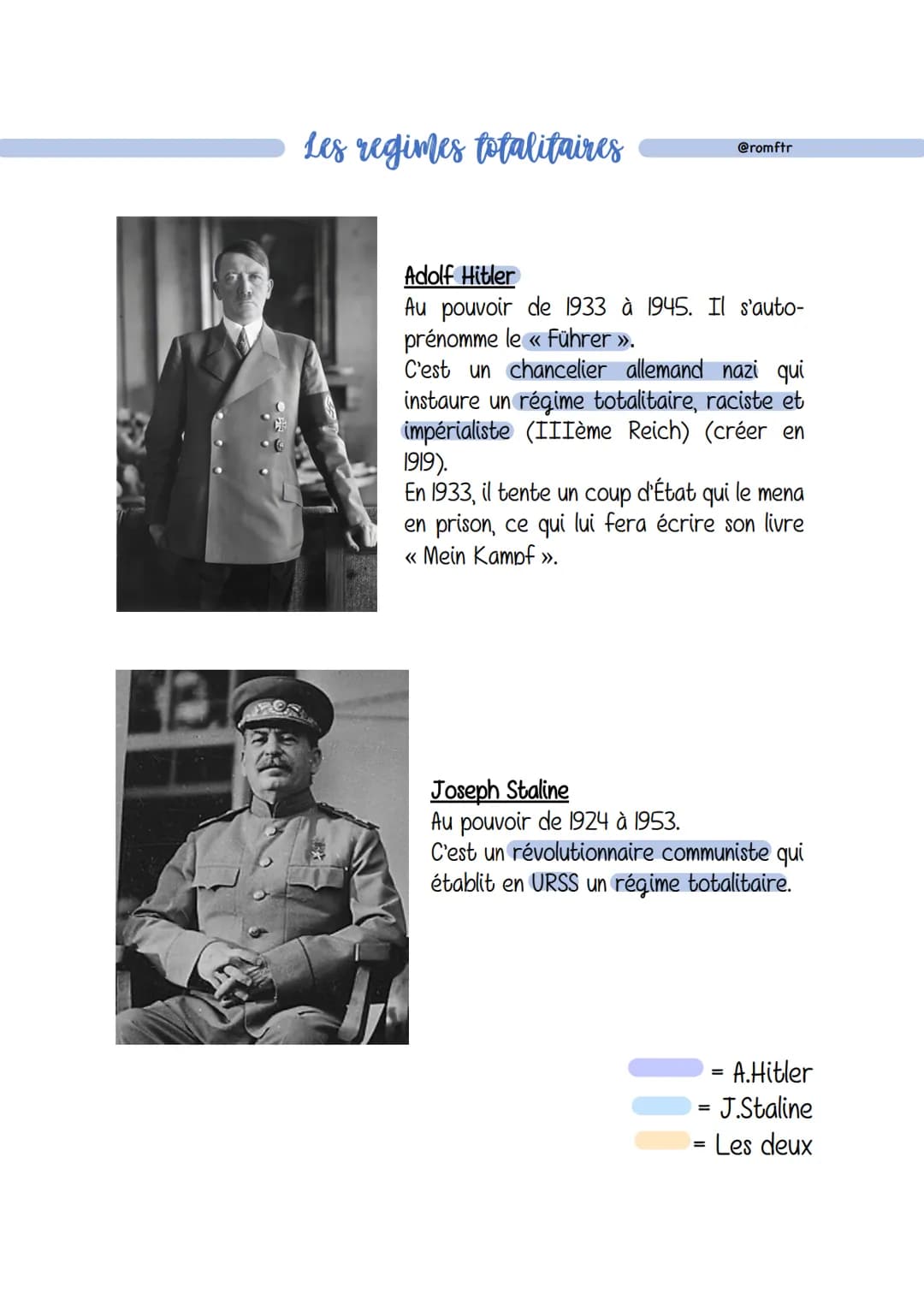Les regimes totalitaires
@romftr
Adolf Hitler
Au pouvoir de 1933 à 1945. Il s'auto-
prénomme le « Führer ».
C'est un chancelier allemand naz