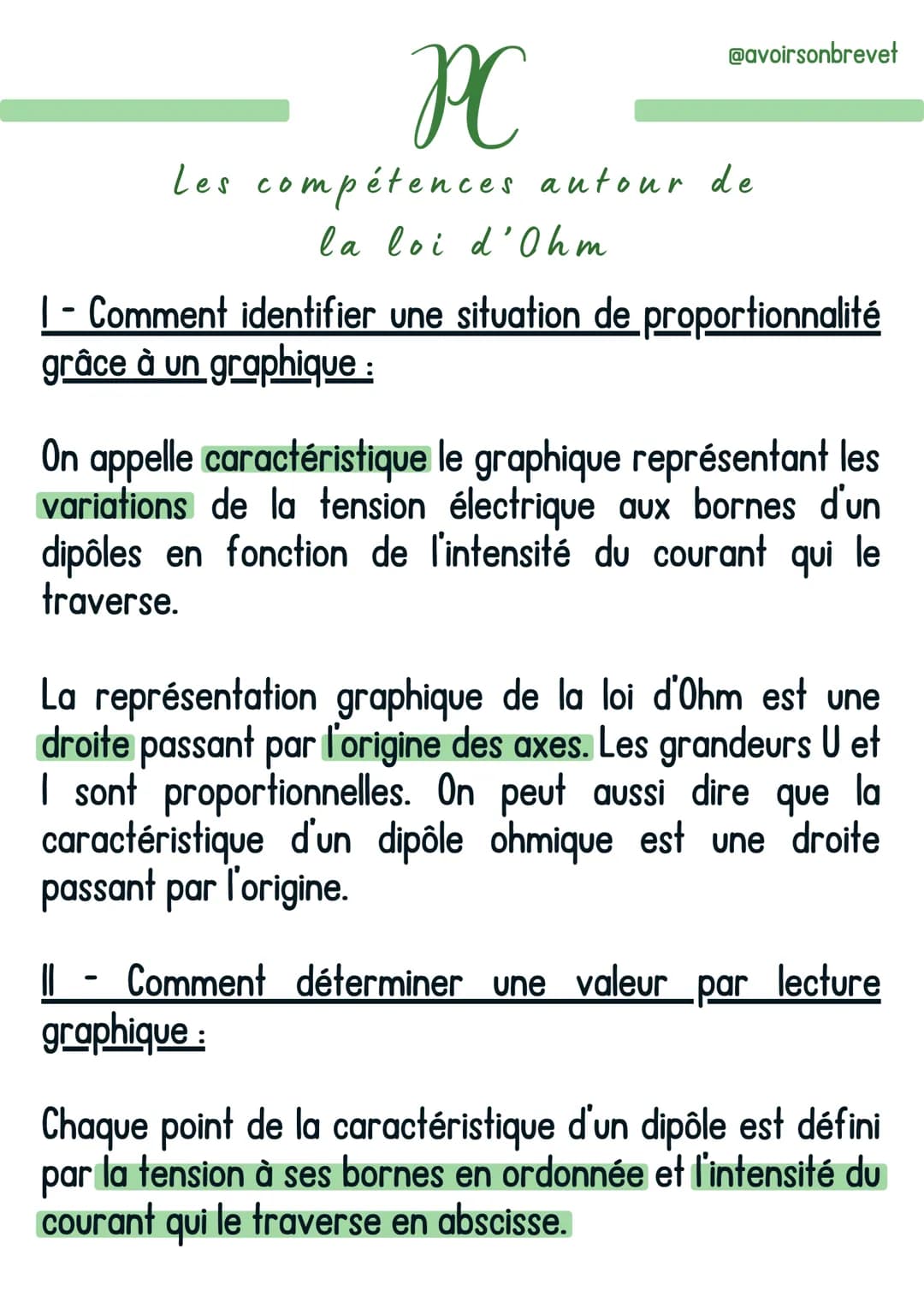 PC
Les compétences autour de
la loi d'Ohm
@avoirsonbrevet
1 - Comment identifier une situation de proportionnalité
grâce à un graphique :
On