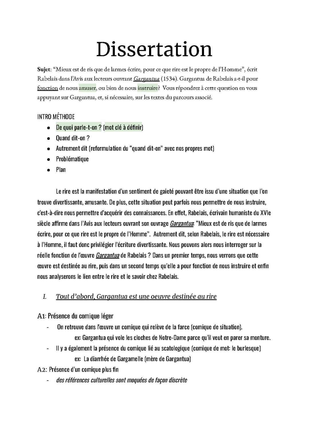 Exemple Sujet Dissertation Gargantua Corrigé PDF - Rire et Savoir