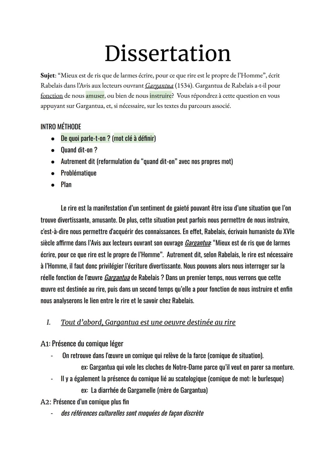 Dissertation
Sujet: "Mieux est de ris que de larmes écrire, pour ce que rire est le propre de l'Homme", écrit
Rabelais dans l'Avis aux lecte