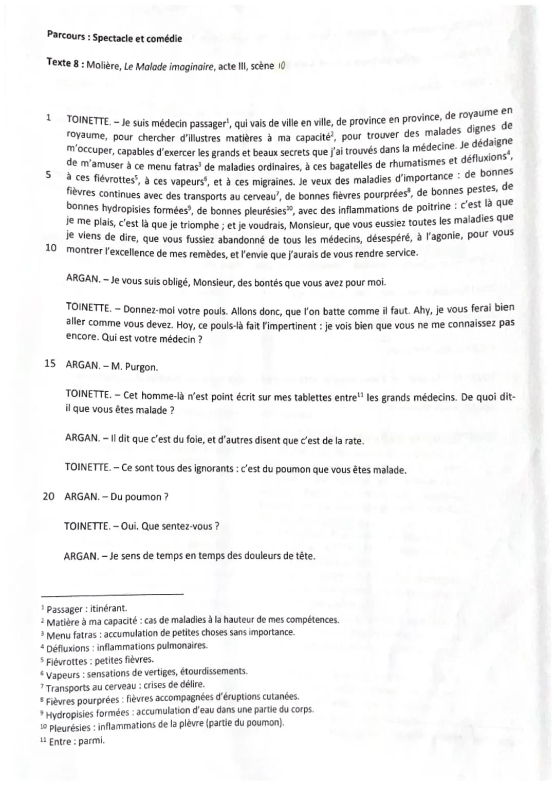 Parcours: Spectacle et comédie
Texte 8 : Molière, Le Malade imaginaire, acte III, scène 10
5
TOINETTE. - Je suis médecin passager', qui vais