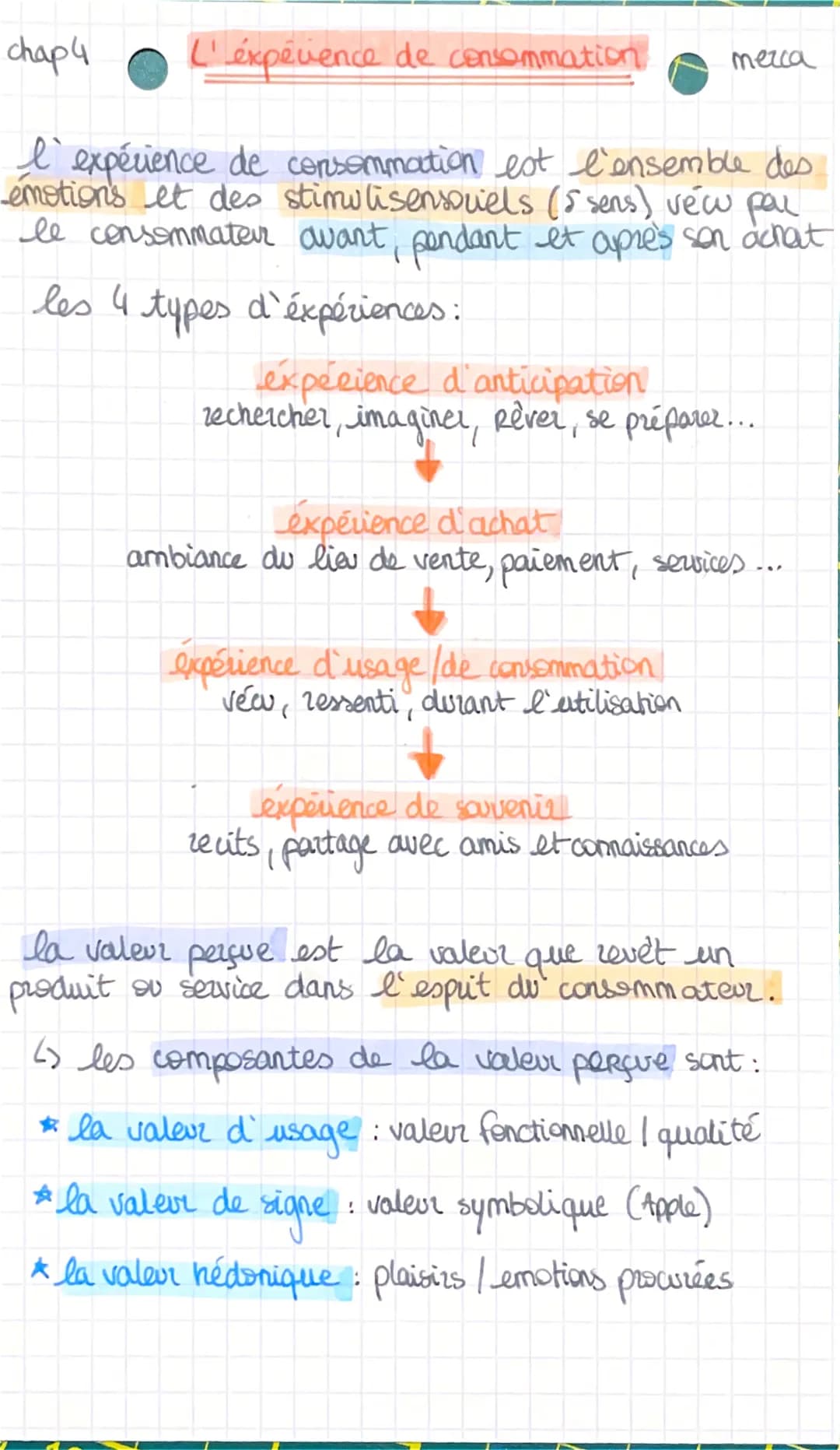 chap 4
L'éxpérience de consommation
I`'expérience de consommation est l'ensemble des
emotions et des stimulisensowels (5 sens) vécu par
le c