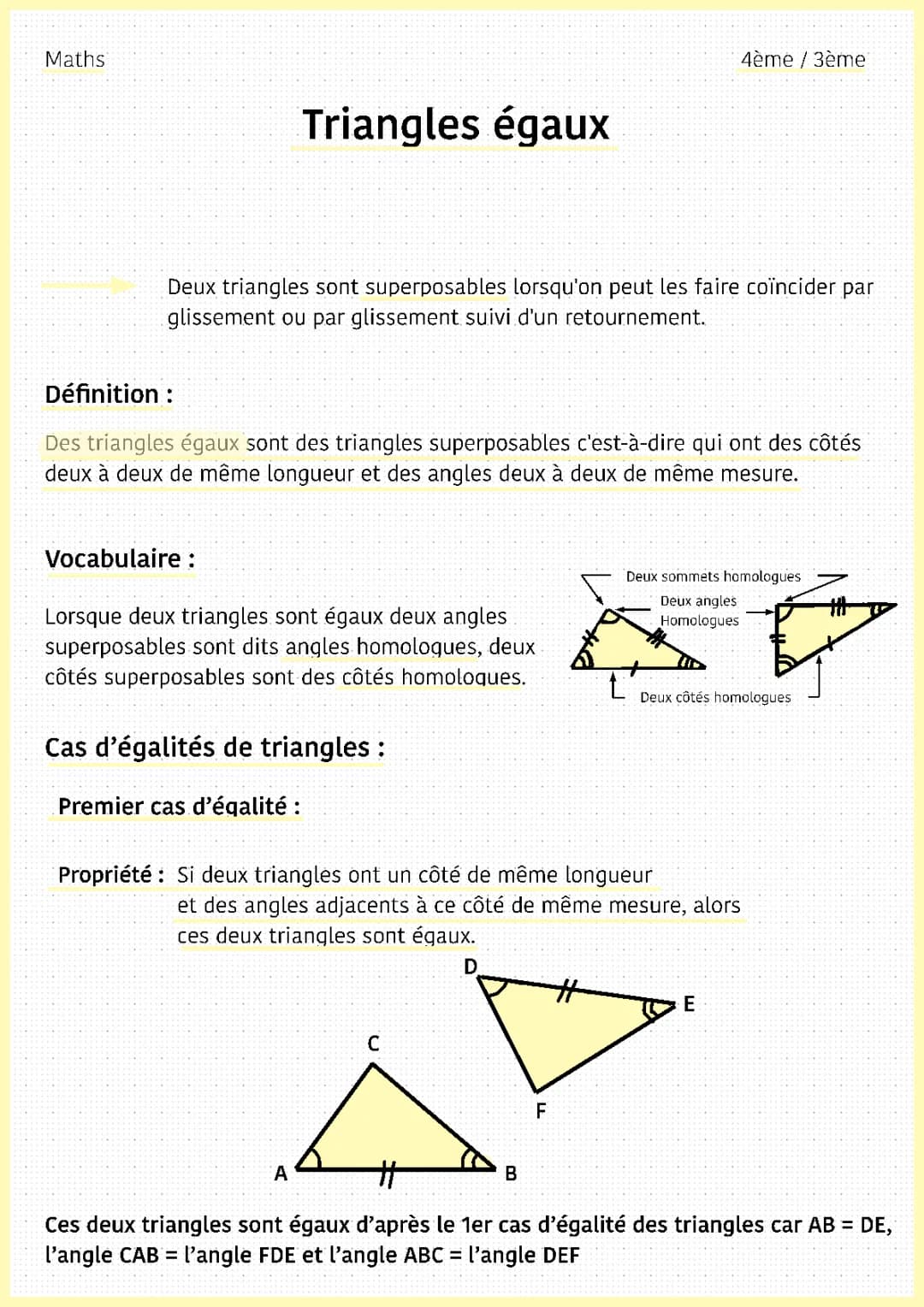 Triangles égaux en 4ème : Cours complet et exercices corrigés
