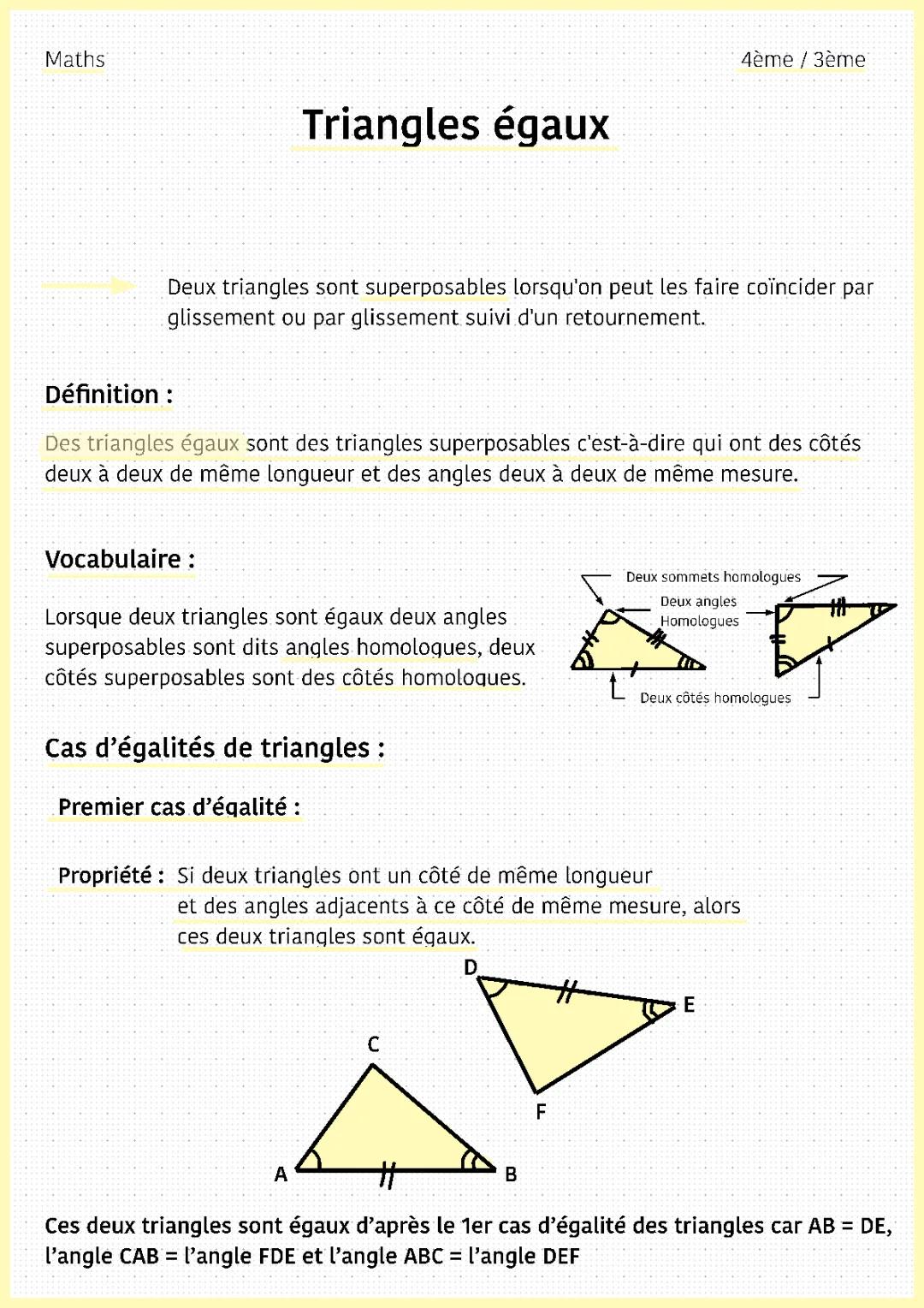 Triangles égaux 4ème: Exercices corrigés et PDF gratuits