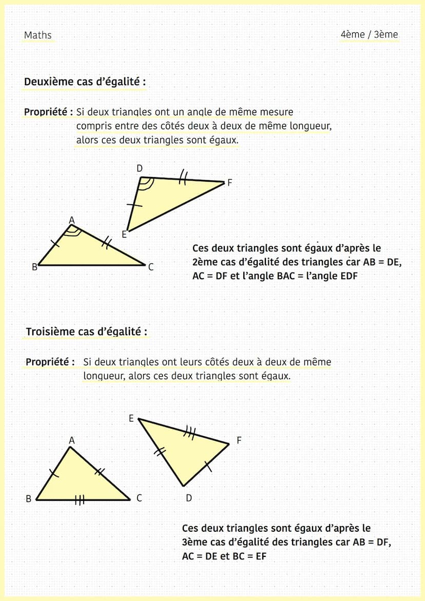 Maths
Triangles égaux
Deux triangles sont superposables lorsqu'on peut les faire coïncider par
glissement ou par glissement suivi d'un retou