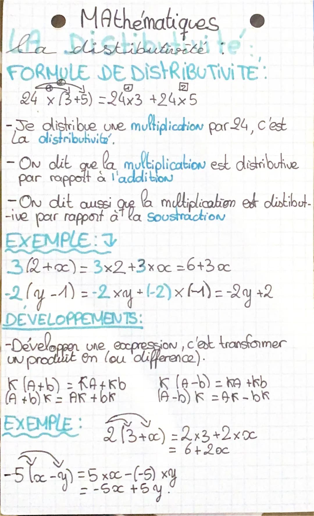 Mathématiques
la distribuiturité e
FORMULE DE DISTRIBUTIVITE:
2
24 x (3+5) = 24x3 +24x5
-Je distribue une multiplication par 24, c'est
La di