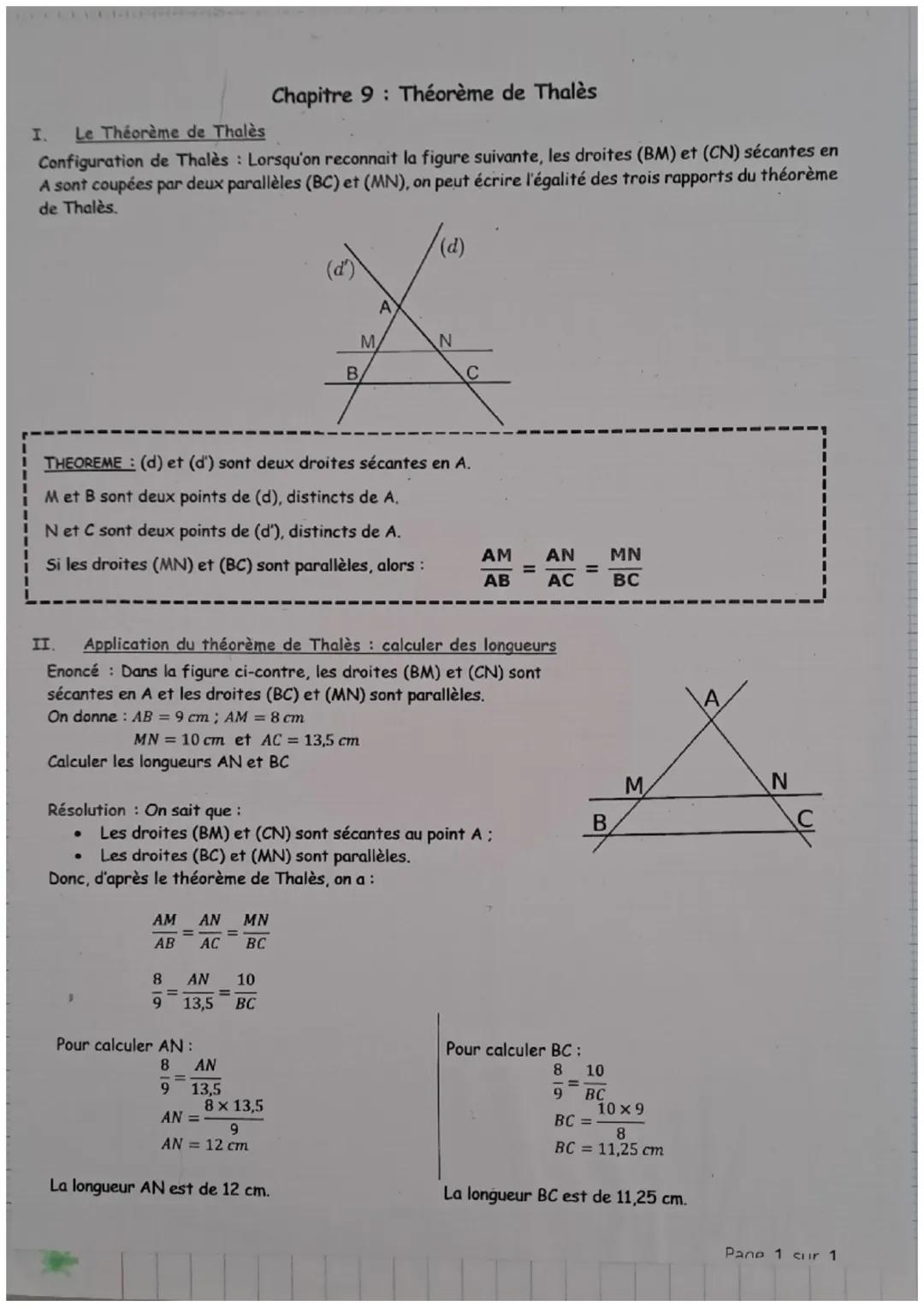I.
Le Théorème de Thalès
Configuration de Thalès: Lorsqu'on reconnait la figure suivante, les droites (BM) et (CN) sécantes en
A sont coupée