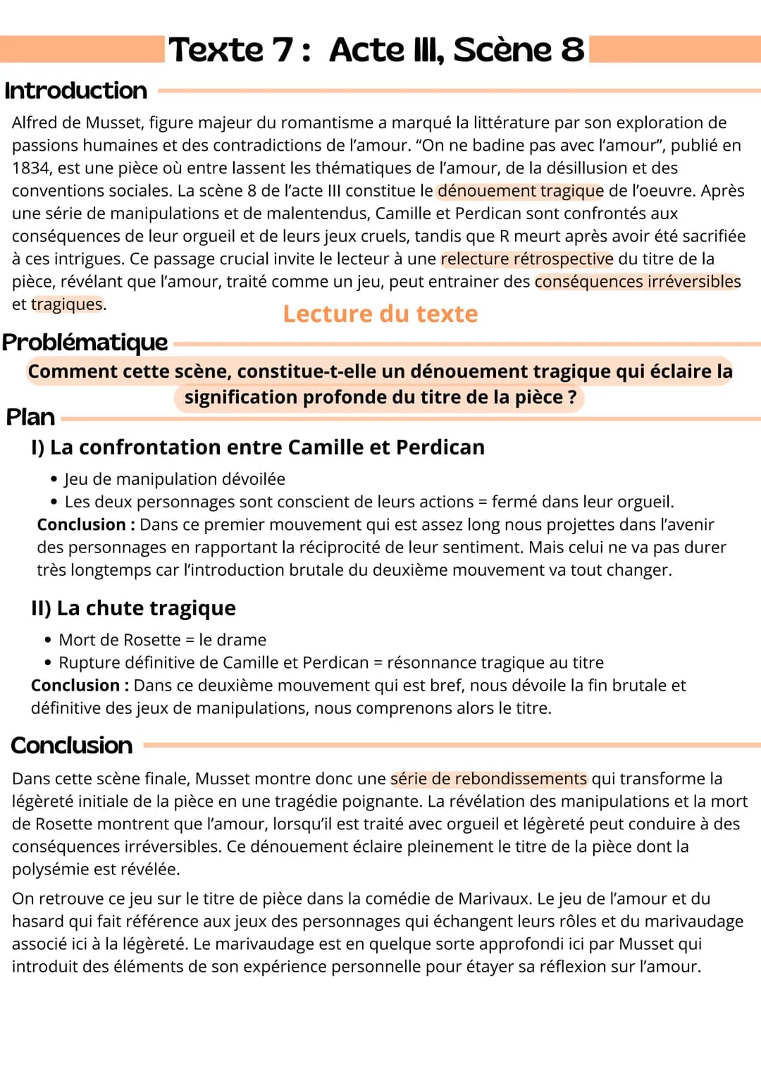 Introduction
Texte 7: Acte III, Scène 8
Alfred de Musset, figure majeur du romantisme a marqué la littérature par son exploration de
passion