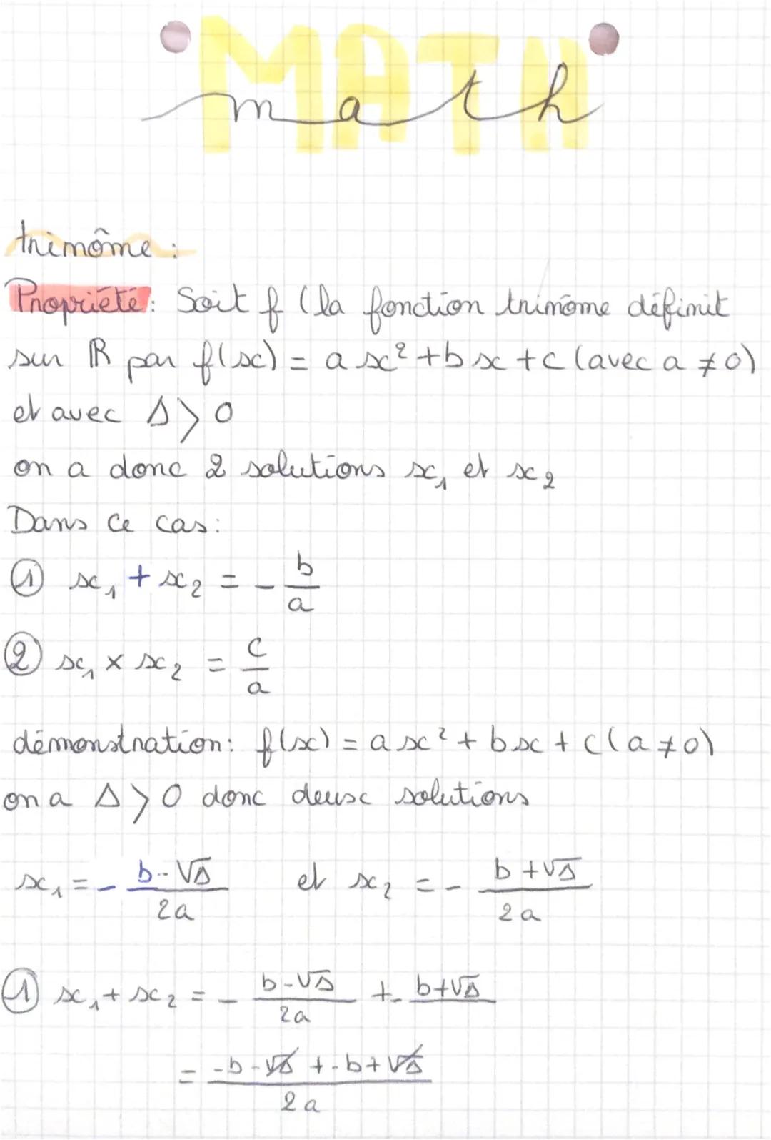 'math
trimôme :
Proprieté: Soit f
f(x) = ax²+bx+c
un trimôme définit
sur TB
@ Si Ayo
on a la factorisation : f(x) = a (sc-sc₁₂) (sc-sc₂)
par