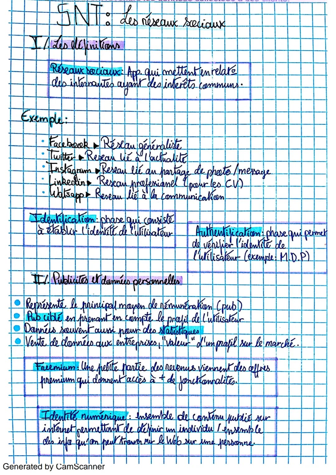 SNT:
。 des réseaux sceciaux
Les
IALes définitions
Réseaux sociaux: App. qui mettent en relate
des internautes ayant des interêts communs.
Ex