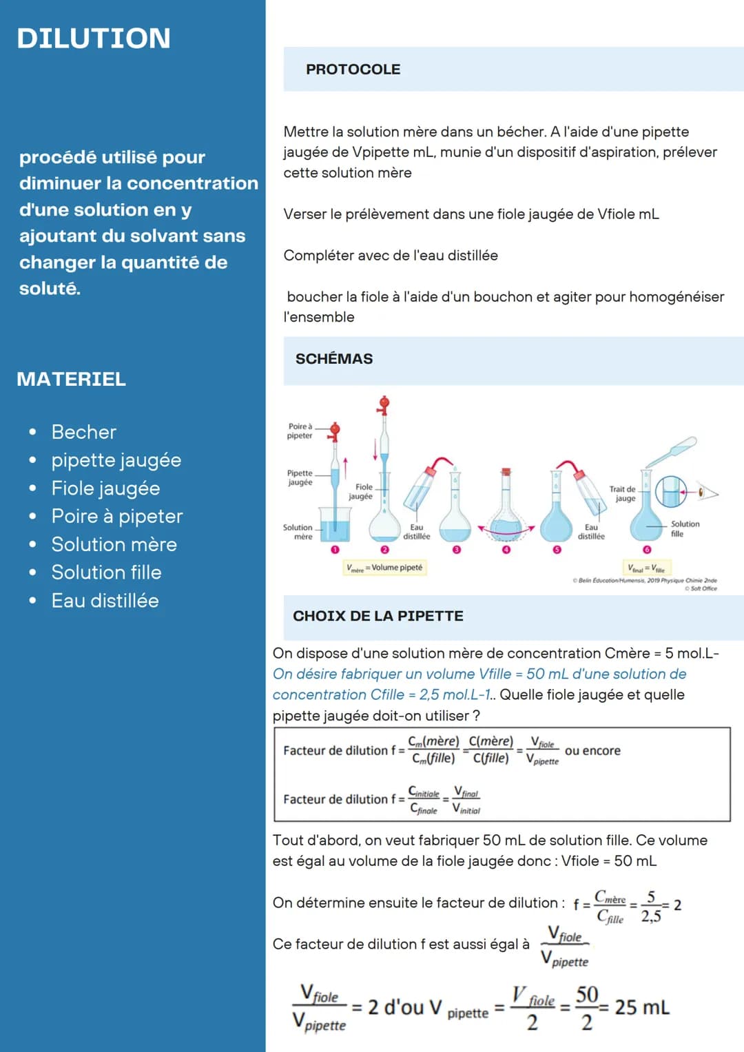 DILUTION
procédé utilisé pour
diminuer la concentration
d'une solution en y
ajoutant du solvant sans
changer la quantité de
soluté.
MATERIEL