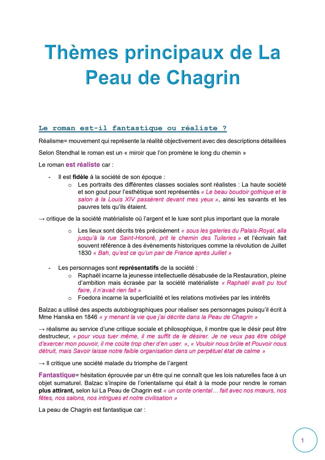 Fiche dissertation : thèmes principaux de La Peau de Chagrin de Balzac
